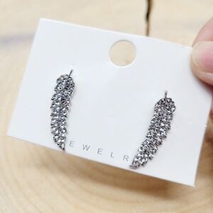 Brand New Silver Tone Feather  Rhinestone Earrings